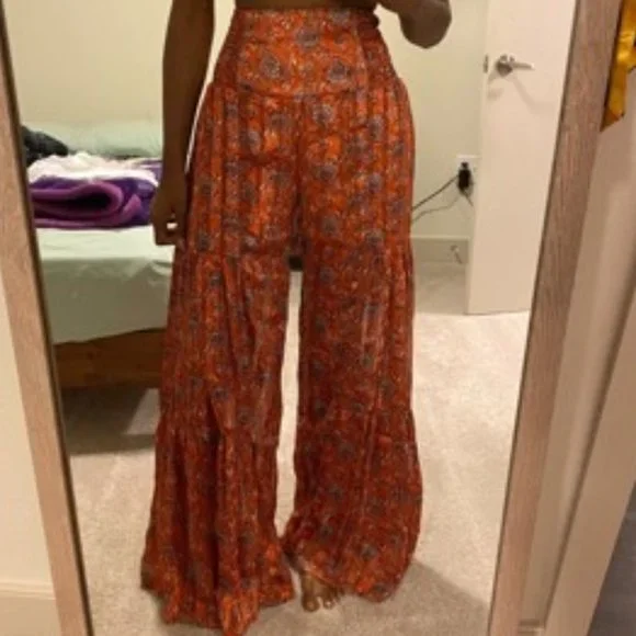 Paisley Palazzo waist Tie Lounge Pants Orange - Picture 6 of 16